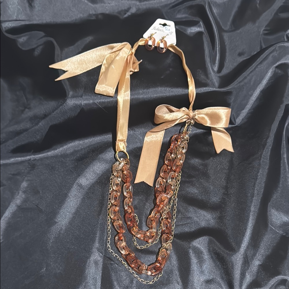 Elegant Gold and Faux Amber Chain Necklace and Earring Set